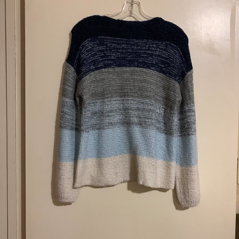 Knox Rose Striped Color Block V-Neck Knit Sweater Blue White Gray. Size Small - Picture 8 of 9